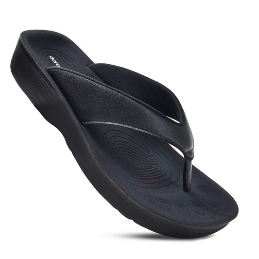 AEROTHOTIC Slip On Recovery Footwear Plantar Fasciitis Flip Flops for Women Yoga Mat Outdoor Walking Beach Ladies Arch Support Summer Thong Dressy Casual Sandals Pearly Black, Size 9
