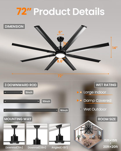72 Inch Large Industrial Ceiling Fan with Light and Remote-8 Aluminium Blades Ceiling Fan with Energy Efficient DC Motor,Reversible Airflow-Ideal for Living Room,Patio,Garage,and Commercial Spaces