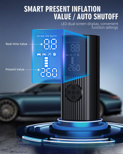 Tire Inflator Portable Air Compressor-180PSI & 20000mAh Portable Air Pump, Accurate Pressure LCD Display, 3X Fast Inflation for Cars, Bikes & Motorcycle Tires, Balls