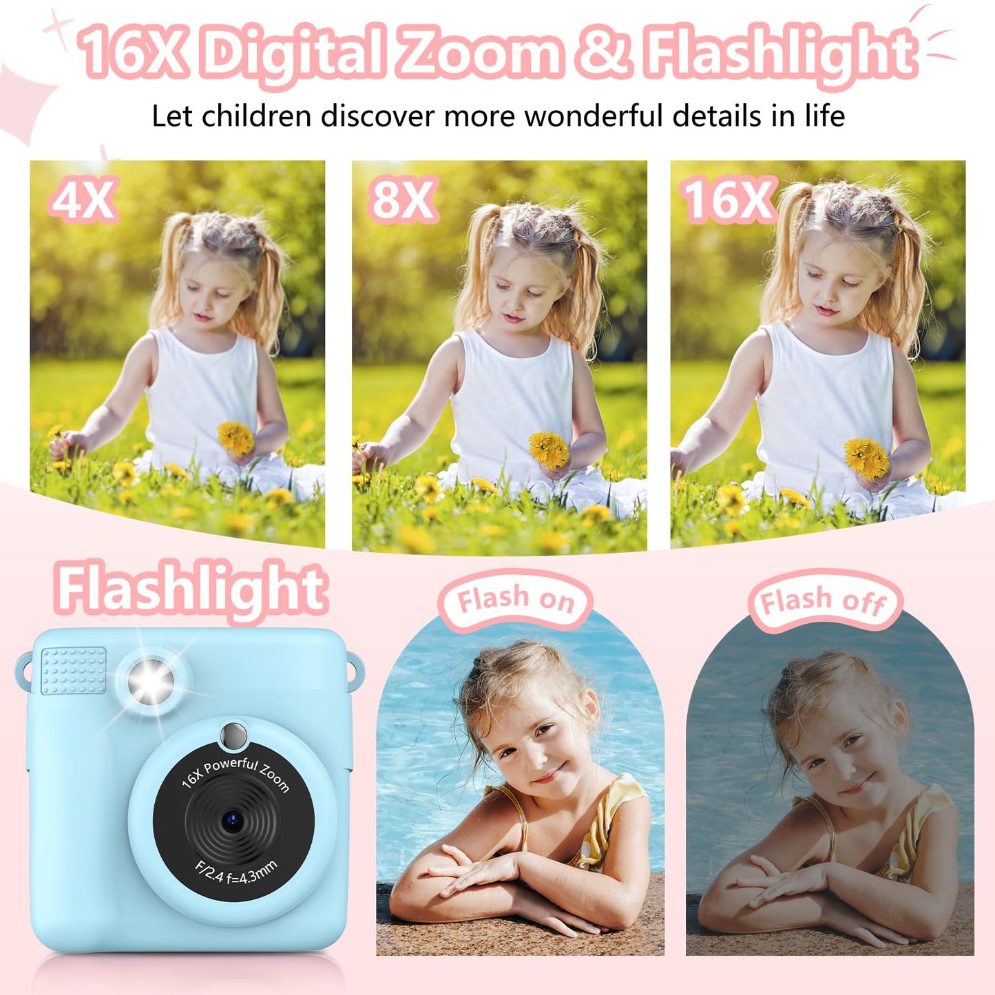 Radekly Instant Print Camera for Kids,Christmas Birthday Gifts for Age 3-12 Girls Boys，1080P HD Digital Video Cameras for Toddler,Kids Portable Toy with 3 Rolls Photo Paper，32GB Card-Blue