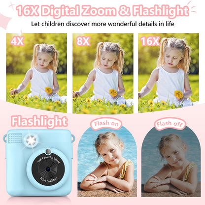 Radekly Instant Print Camera for Kids,Christmas Birthday Gifts for Age 3-12 Girls Boys，1080P HD Digital Video Cameras for Toddler,Kids Portable Toy with 3 Rolls Photo Paper，32GB Card-Blue