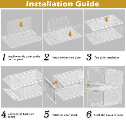 Thicken & Sturdy Clear Shoe Storage Organizer with Magnetic Door, Stackable Boxes for Closet, Foldable Space-Saving Shoe Rack for Sneaker Boot Container, Plastic Shoe Cabinet Shoe Box 6 Pack, White