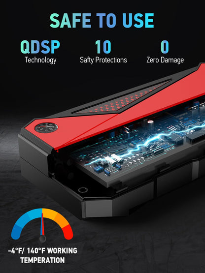 DBPOWER Peak 1600A 18000mAh Portable Car Jump Starter (up to 7.2L Gas, 5.5L Diesel Engine) Battery Booster with Smart Charging Port, Compass, LCD Screen and LED Light (Black/Red)