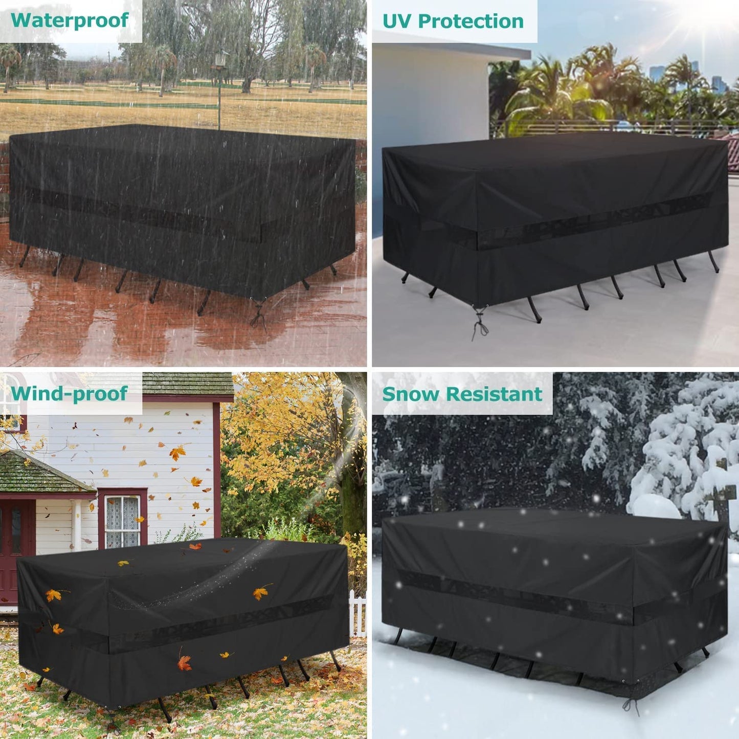 SunPatio Patio Furniture Covers Waterproof, Rectangular Table and Chairs Set Cover, Outdoor Furniture Set Cover with Drawstrings and Taped Seams, All Weather Protection, 76"W x 50"D x 30"H, Black