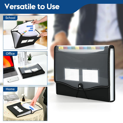 12-Pocket-Expanding File-Folder,Accordion-File-Organizer, A4/US Letter Size Paper Receipt Organizer Accordian Filing Folders (Black-T-12 Pockets)