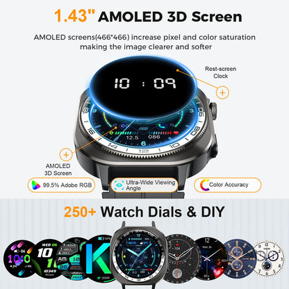 Smart Watch, 2025 AMOLED Screen 1.43" Smartwatch for Men Women (Answer/Make Call), 130+ Sport Modes Fitness Activity Tracker, Flashlight/660mAh/Heart Rate/Sleep Monitor, IP68 Waterproof Android iOS