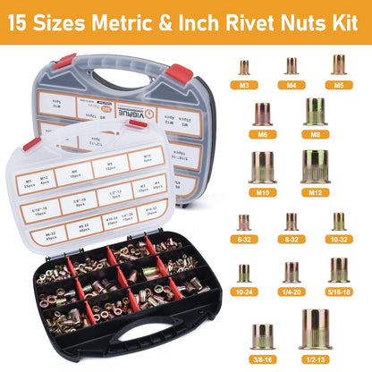 VIGRUE 16'' Rivet Nut Tool Kit Nutserts Rivnut Hand Tool Set with 15PCS Metric & SAE Mandrels and 300PCS Rivet Nuts Assortment