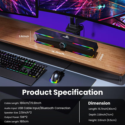 Tylubio Bluetooth Computer Speakers for Desktop with Clear Sound, Flowing LED Computer Speaker for Desktop Laptop Monitor, Bluetooth & USB Input - Black