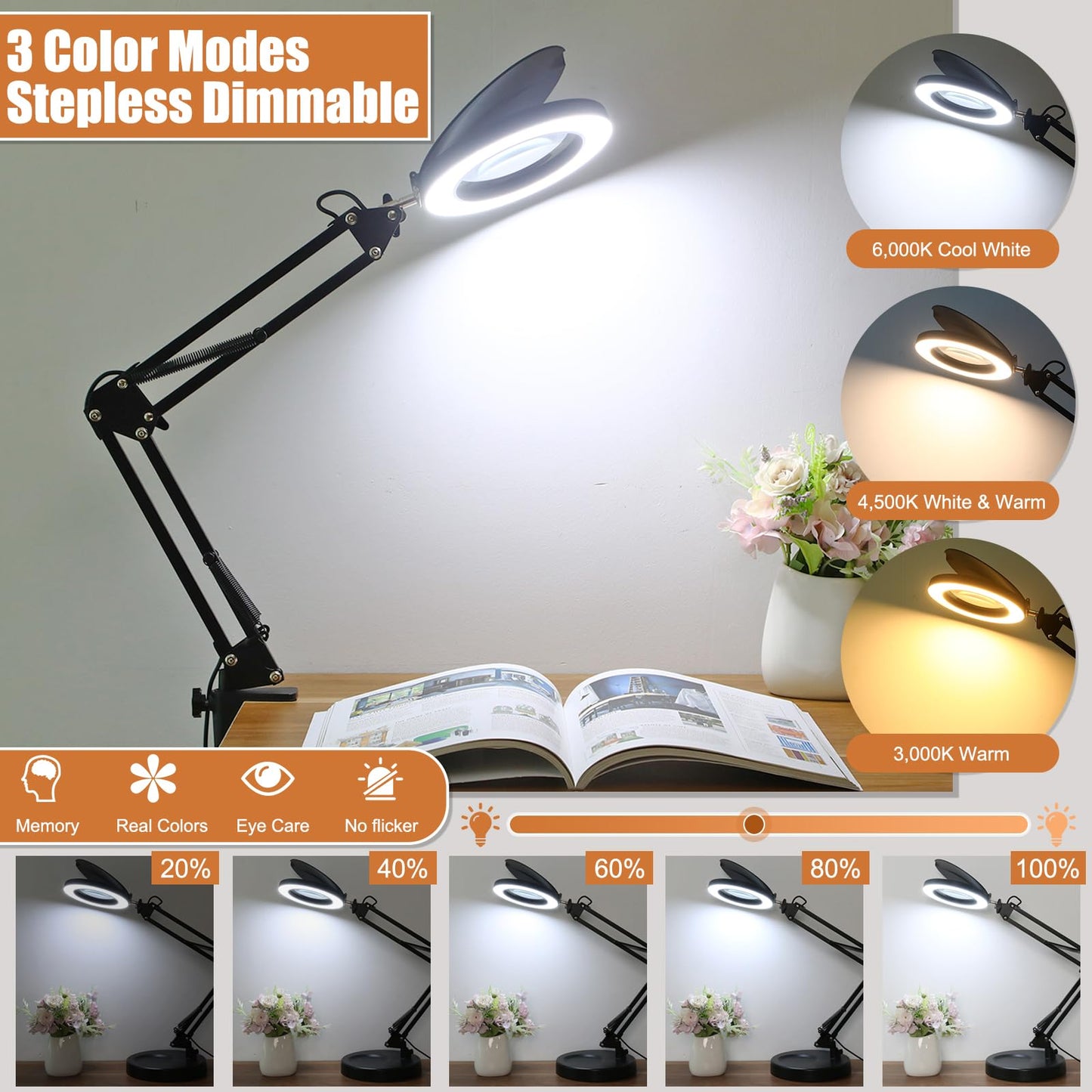 Veemagni 10X Magnifying Glass with Light and Stand, 2-in-1 LED Magnifying Desk Lamp with Clamp & Lens Cover, 3 Color Modes Stepless Dimmable Hands Free Lighted Magnifier for Crafts Reading Painting