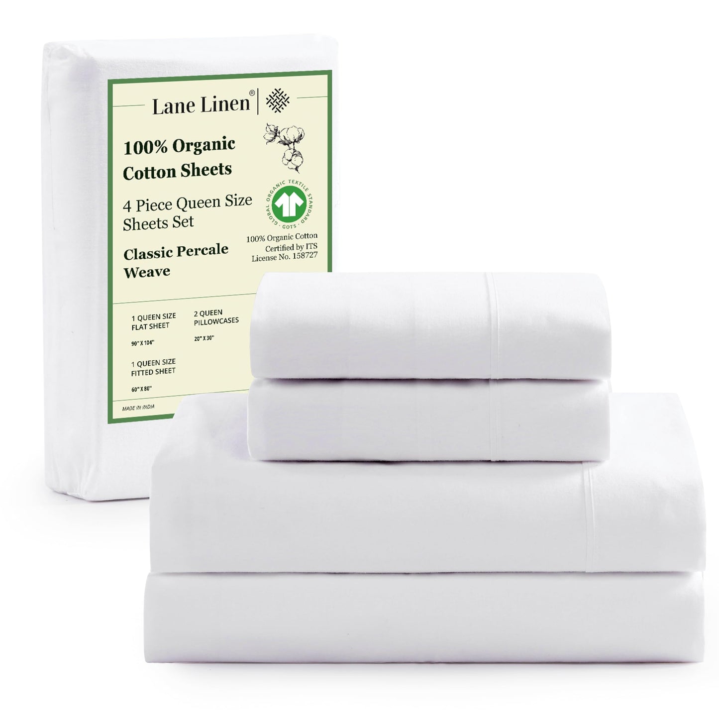 LANE LINEN 100% Organic Cotton Queen Sheet Set, 4Pc Cotton Sheets Queen Size Bed Set, Soft & Breathable Percale Weave, Deep Pocket Queen Sheets, Hotel-Quality Bed Sheets Queen Size - White Bed Sheets