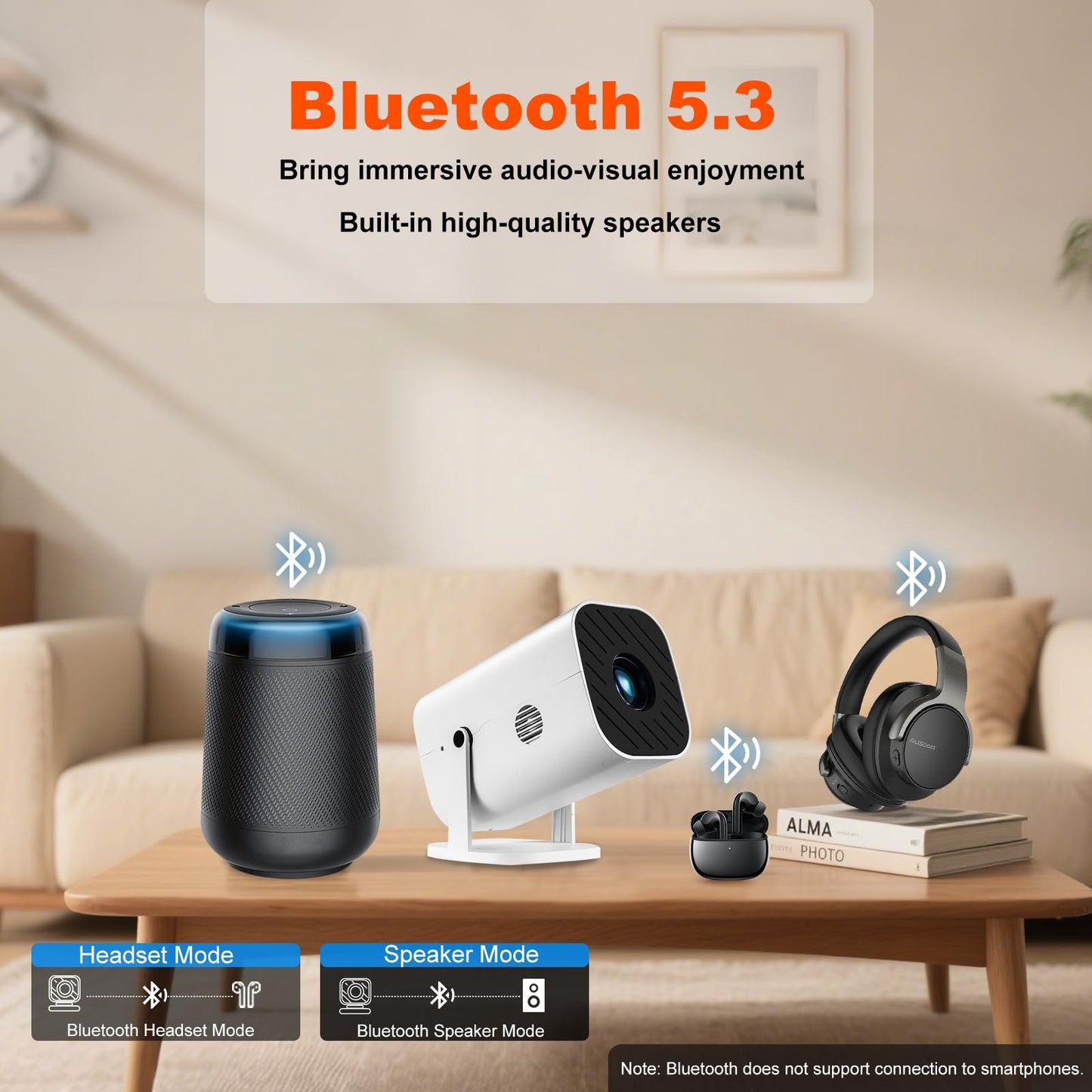 【Built-in APPS & Electric Focusing & 210° Rotation】Mini Projector With Wifi And Bluetooth, 1080P Portable Projector, Movie Projector for Bedroom, Supports Smartphones/TV Stick/iPad/PS5/Laptop/HDMI/USB