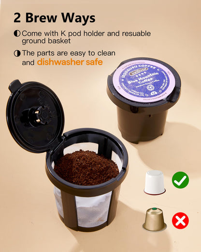 Tastyle Single Serve One Cup Coffee Maker, for K Cups and Grounds, Mini Coffee Maker with Portable Handle, 6 to 12 Oz Brew Size, for Travel, Camping, Office, RV and Dorm, Black and Gold
