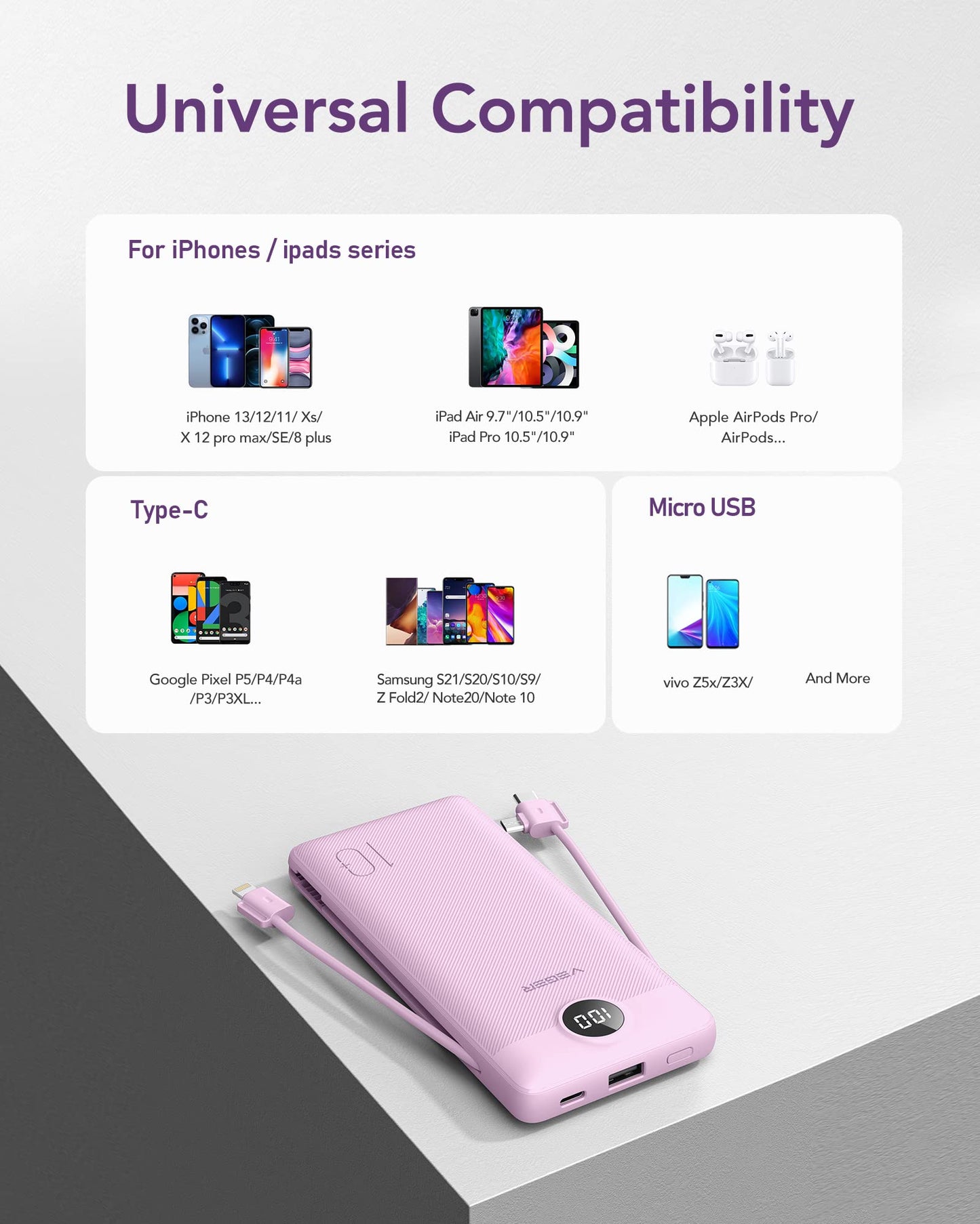 VEGER Portable Charger with Built-in AC Plug and Cables, All in One 10000mAh Ultra Slim Power Bank Travel Essentials, 15W Fast Charging Battery Pack Compatible with iPhone, Samsung, Android (Purple)