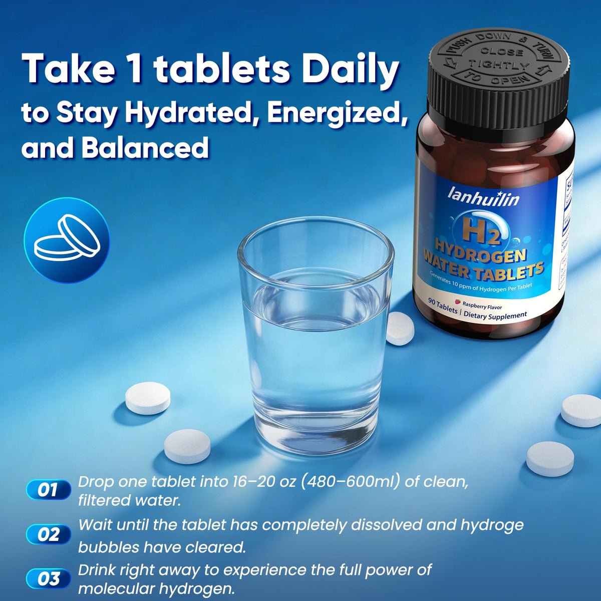 Molecular Hydrogen Tablets for Drinking Water, Hydrogen Water Tablets with 150mg Magnesium, Generates Up to 10 PPM H2 Hydrogen, Antioxidant Support for Cellular Energy & Healthy Aging, 90 Tablets