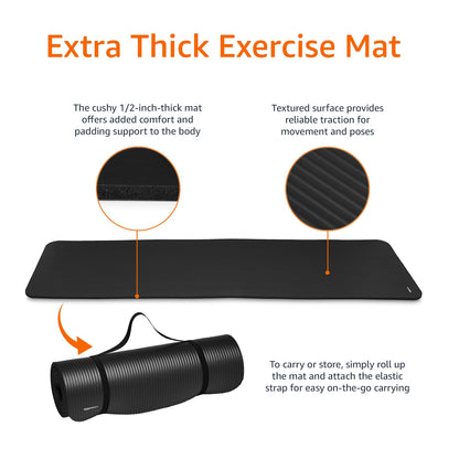 Amazon Basics 1/2 Inch Extra Thick Exercise Yoga Mat with Carrying Strap, Black