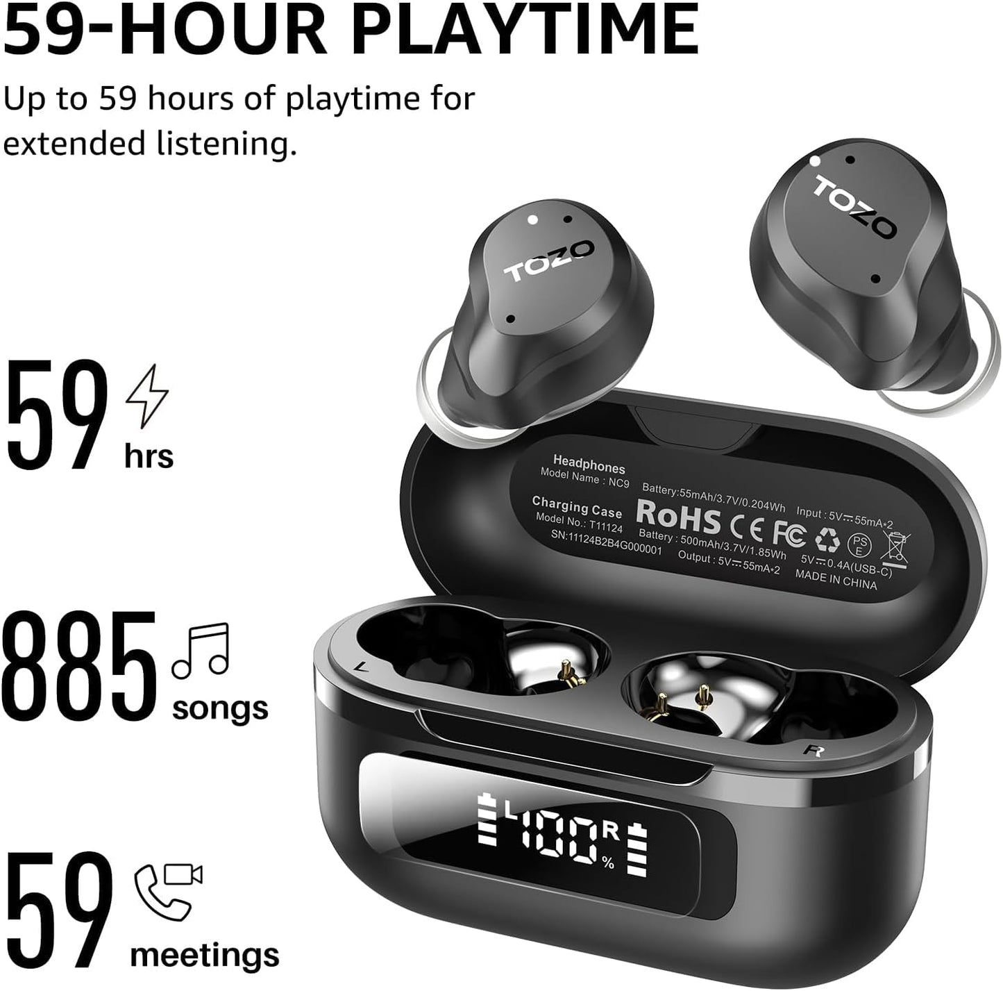 TOZO Hybrid Active Noise Cancelling Wireless Earbuds, 6 Mics ENC Clear Call, IPX8 Waterproof, in Ear Bluetooth 5.3 Headphones Stereo Bass Ear Buds 59H Playtime with LED Display 32 EQs via APP