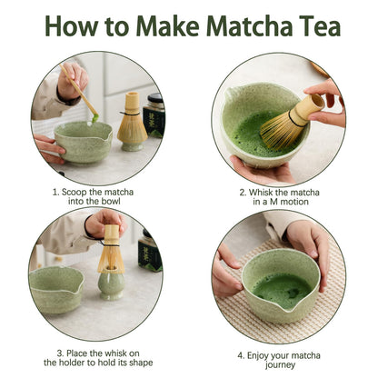 Ochcahser Matcha Set, Japanese Tea Set Includes Matcha Bowl with Spout, Matcha Whisk Holder, Bamboo Matcha Whisk and Bamboo Scoop, 17 oz Mottled Tea Green Glaze Ceramic Matcha Kit for Tea Lovers