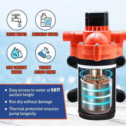 CYKLEKING 12V DC Water Pressure Pump,3.5GPM 45PSI Quiet On Demand RV Water Diaphragm Pump 12 Volt Self Priming Ideal for Camper,Boat,Marine,Travel Trailer,Washdown,Rain Barrel,Outdoor Shower