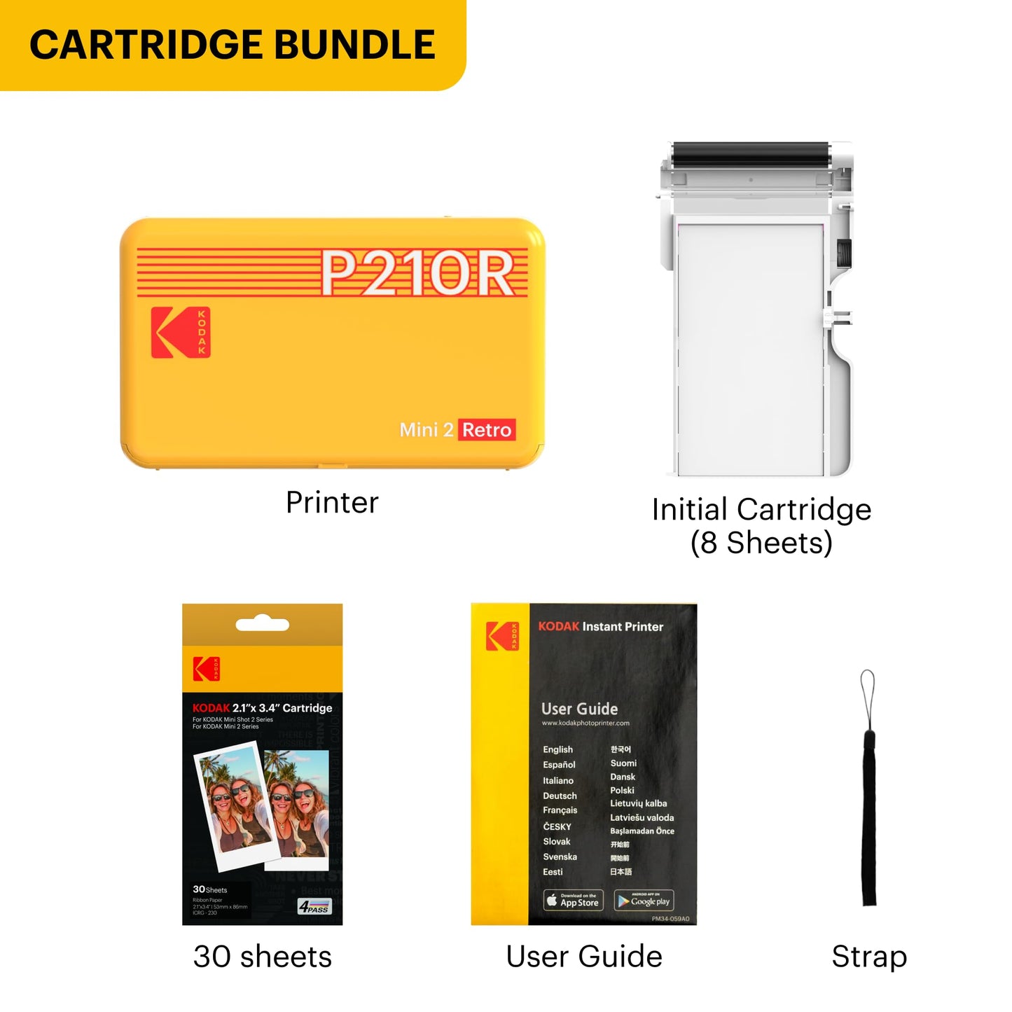 Kodak Mini 2 Retro 4PASS Portable Photo Printer, 2.1x3.4 inches, 38 Sheets Bundle, White