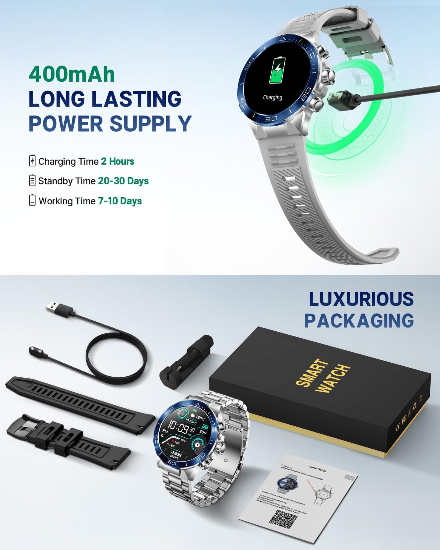 SOUYIE Smart Watch for Men,1.43''AMOLED Screen with 24 Hours Healthy Monitor, 100+ Sports Modes Fitness Tracker Watch, 400mAh Battery Pedometer Calorie Smartwatch Compatible Android iOS