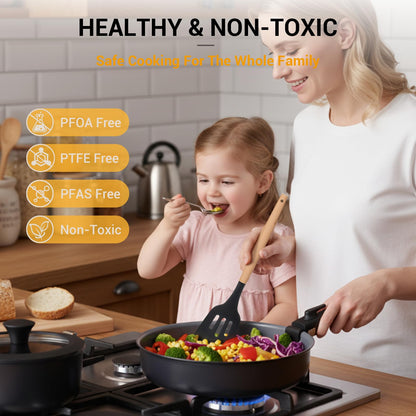 Ammeloo 18 Pcs Ceramic Pots and Pans Set Non Stick Kitchen Cookware Set with Detachable Handle, Non Toxic Cooking Set with Removable Handle for RVs, Camping, Fridge, Dishwasher/Oven Safe