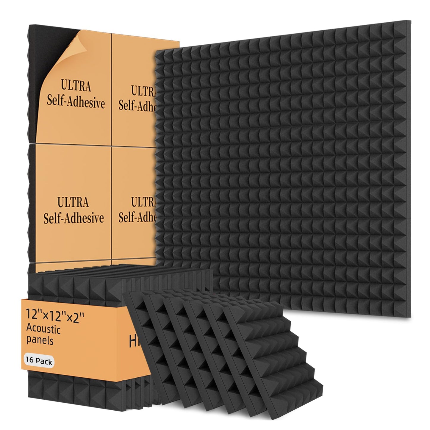 16 Pack Acoustic Foam Panels,12x12x2 inches Sound Proof Foam Panels for Walls, Fast Expand Pyramid Designed High Density Sound Panels Noise Reducing with Self-Adhesive(Black)