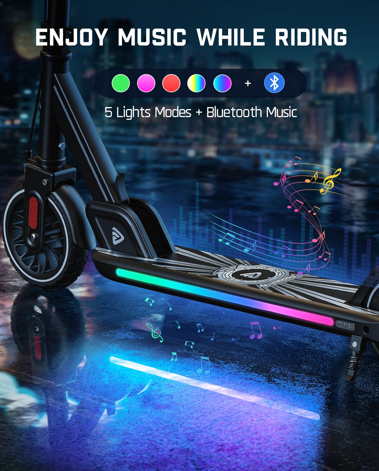 FanttikRide T9 Apex Electric Scooter for Kids 4.3-5.6 ft,200 W Motor, LED Colorful Lights with Bluetooth Music Speaker, 7/10/12 MPH Digital Display, Adjustable Height, Foldable, Up to 40 mins,Black