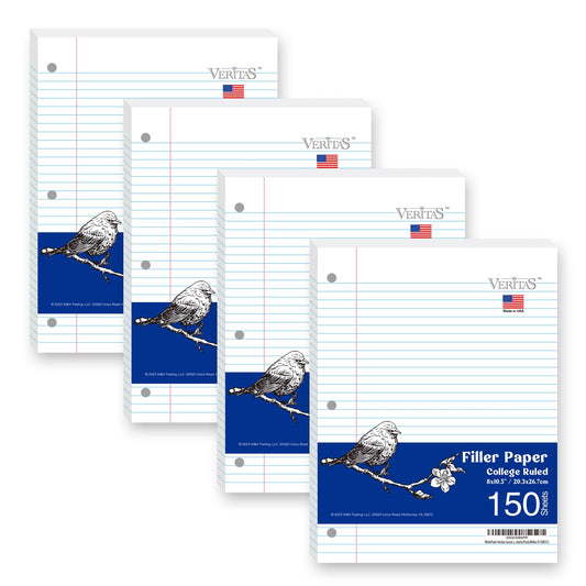WritePads Notebook Paper College Ruled Loose Leaf Paper, Standard 8"x10-1/2",3 Hole Punched Binder Paper For 3 Ring Binder,150 Sheets/Pack, 4 Pack, White, MADE IN USA