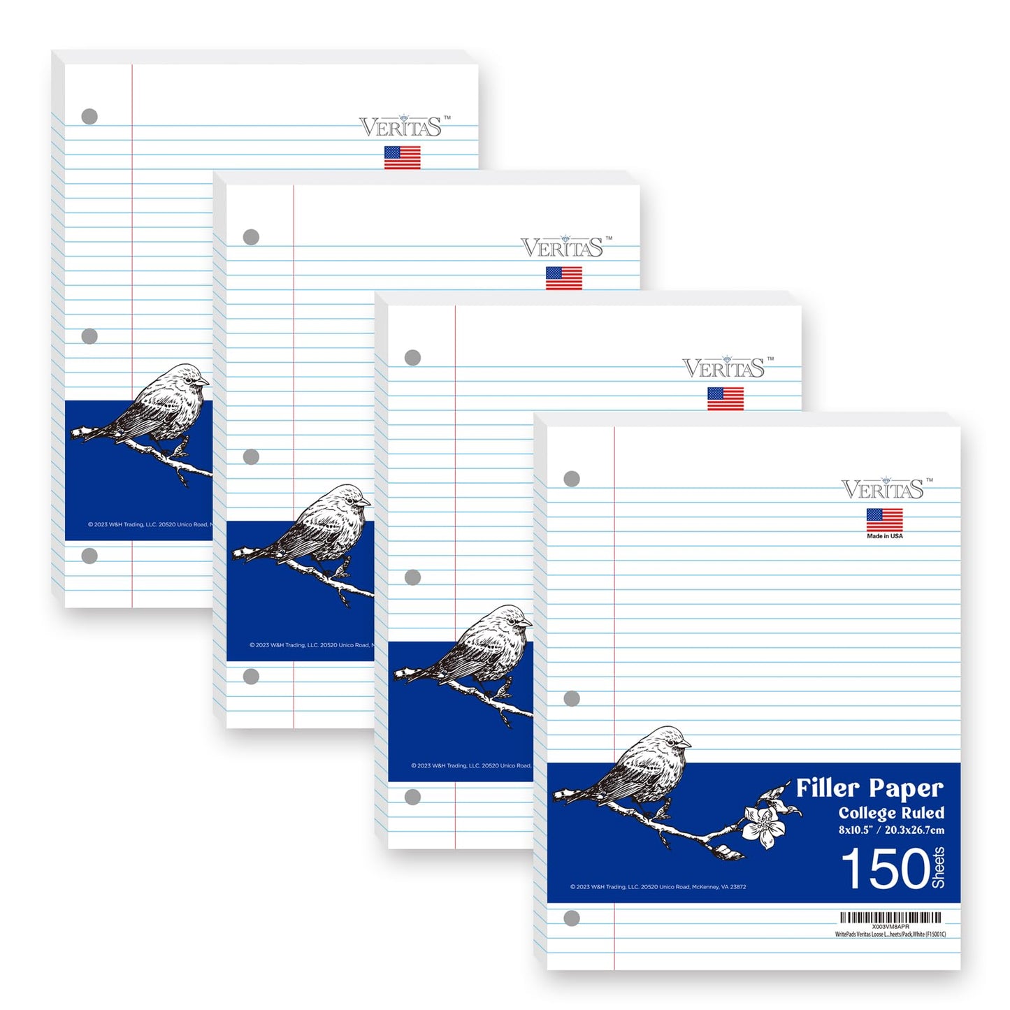 WritePads Notebook Paper College Ruled Loose Leaf Paper, Standard 8"x10-1/2",3 Hole Punched Binder Paper For 3 Ring Binder,150 Sheets/Pack, 4 Pack, White, MADE IN USA