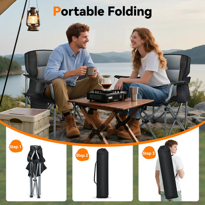 Camping Chairs, 2 Pack Oversized Heavy Duty Fully Padded Outdoor Folding Chairs with Cup Holder, Cooler Bag and Side Pocket, Support 400 LBS, Carry Bag Included, Versatile for Sports,Outdoors & Lawns
