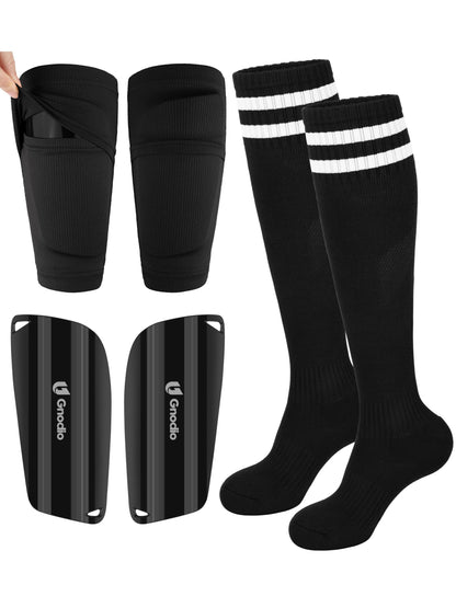 Gnodio Kids Soccer Shin Guards with Sleeves and Socks Set Youth Toddler Shin Pads Long Socks for 3-12 Years Boys Girls Lightweight Soccer Equipment Black M