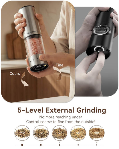 Electric Salt and Pepper Grinder Set, Type-C Rechargeable with LED Battery Level Display, Stainless Steel Salt and Pepper Shakers with Storage Base, Top Button Design, 5 Adjustable Coarseness Levels