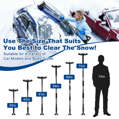 72" Extendable Long Snow Brush with Ice Scraper for Car Truck SUV Van - Soft Squeegee with 270° Pivoting Brush Head for Windshield Window - Snow Scraper & Antifreeze Gloves for Car Winter Accessories