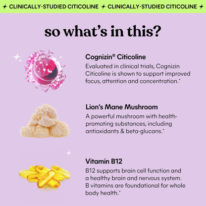 Lemme Focus Concentration & Brain Health Gummies with Cognizin Citicoline, Lion's Mane Mushroom, Vitamin B12 - Vegan, Gluten Free, Caffeine Free, Strawberry (50 Count)
