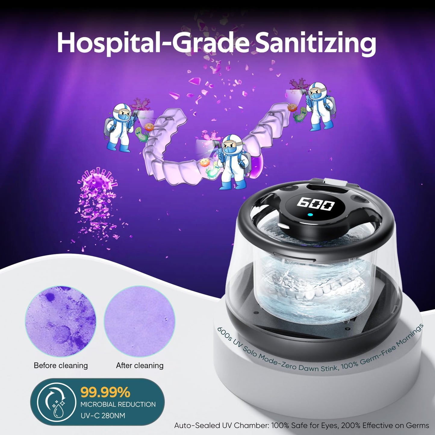 KINTLE Ultrasonic Retainer Cleaner Machine- 45kHz Denture Cleaner, 200ML Dental Cleaning Pod for Aligners, Mouth Night Guards, Toothbrush Heads & Jewelry, 4 Cleaning Modes, Digital Timer, Black