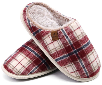 COFACE Mens Red Flano Plaid Cozy Memory Foam scuff Slippers Slip On Warm House Shoes Indoor/Outdoor With Best Arch Support Size 10