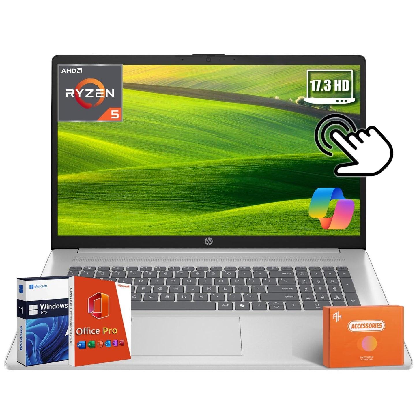 HP 17.3" Touchscreen 2025 New Laptop, AMD Ryzen 5 7430U(Up to 4.3GHz), 17 inch HD+ Touch Screen, 64GB RAM, 2TB SSD, WiFi 6, BT 5.4, HD Camera, Long Battery Life, Microsoft Copilot, Windows 11 Pro
