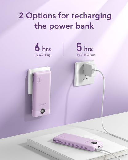 VEGER Portable Charger with Built-in AC Plug and Cables, All in One 10000mAh Ultra Slim Power Bank Travel Essentials, 15W Fast Charging Battery Pack Compatible with iPhone, Samsung, Android (Purple)