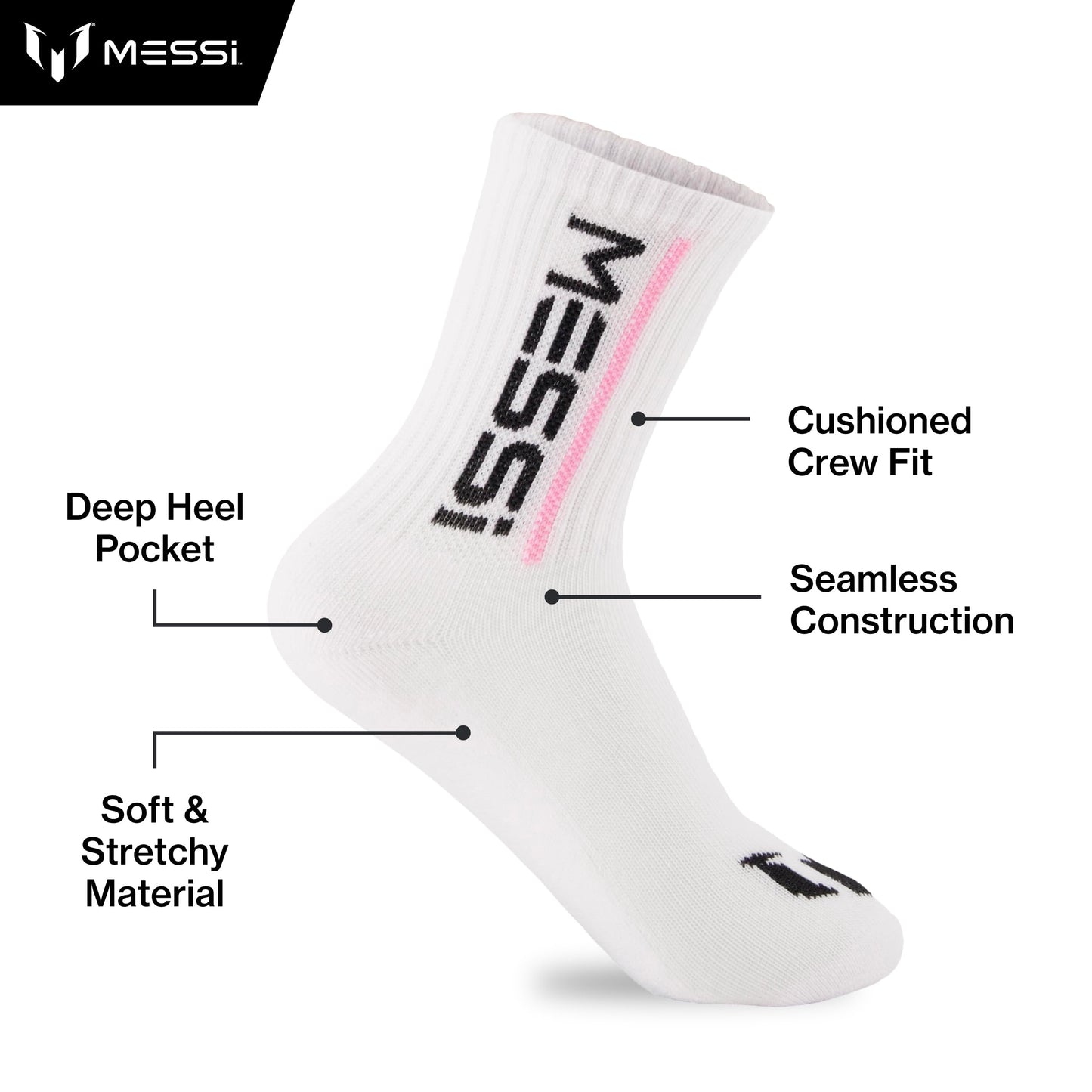 Messi Girls' Lifestyle Crew, 6-Pack Kids Socks, Soft & Stretchy, Comfortable, Pink, M