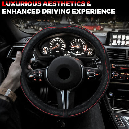 Ouzorp Car Steering Wheel Cover, Microfiber Leather Steering Wheel Covers with Anti-Slip Lining, Universal 14.5-15 inchs Black with Red line