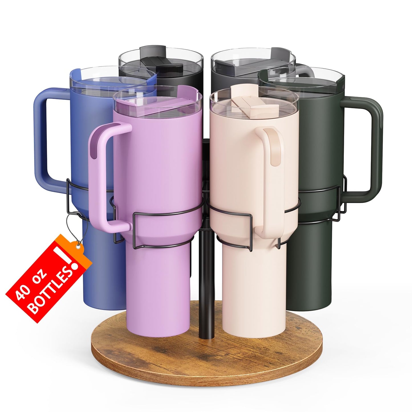 Yeuslor Water Bottle Organizer for Stanley 40 oz Tumbler with Handle, Rotatable Stanley Cup Organizer Holder, Kitchen Organizers and Storage for Stanley Cup Accessories, Wooden Base(Black)