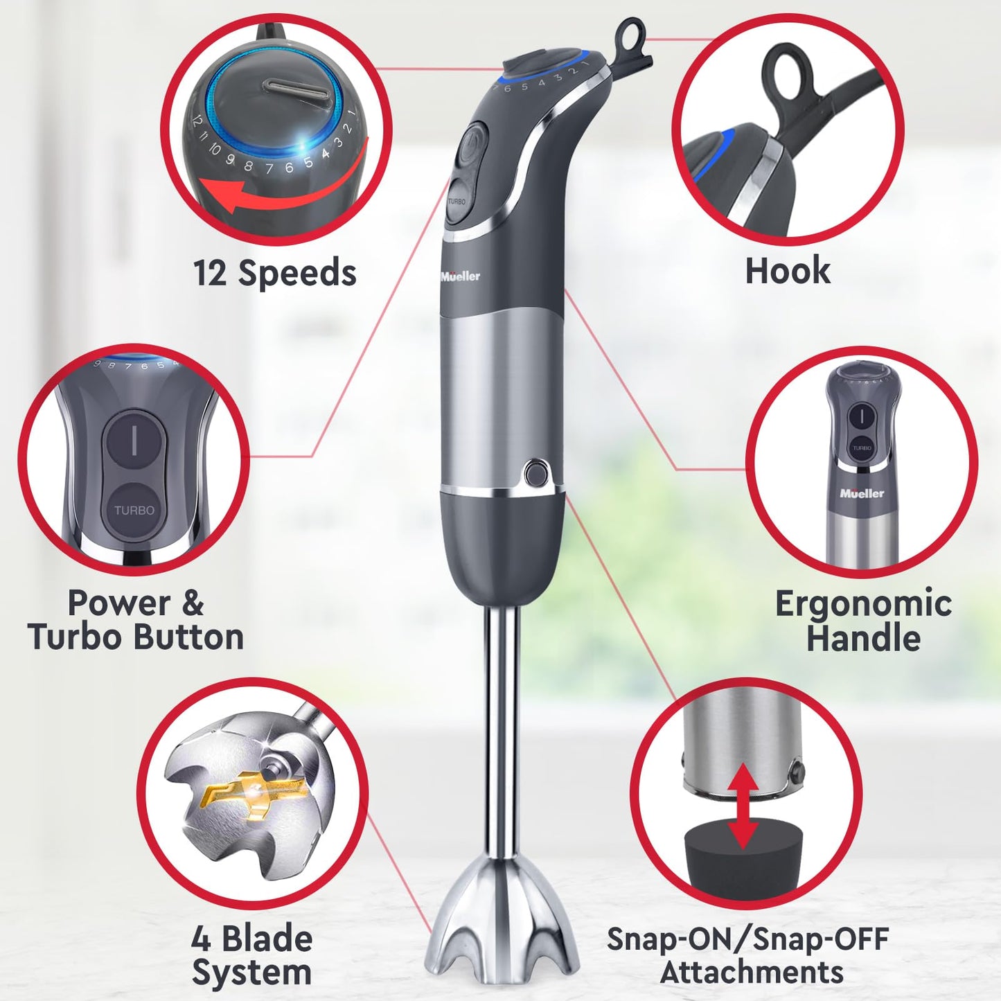 Mueller Multistick 800W 4-in-1 Immersion Blender Handheld, 12 Speed Hand Mixer - Turbo Boost, Heaviest Duty Copper Motor, Titanium Blades Hand Blender, Milk Frother Wand, Whisk, Beaker, Chopper, Grey