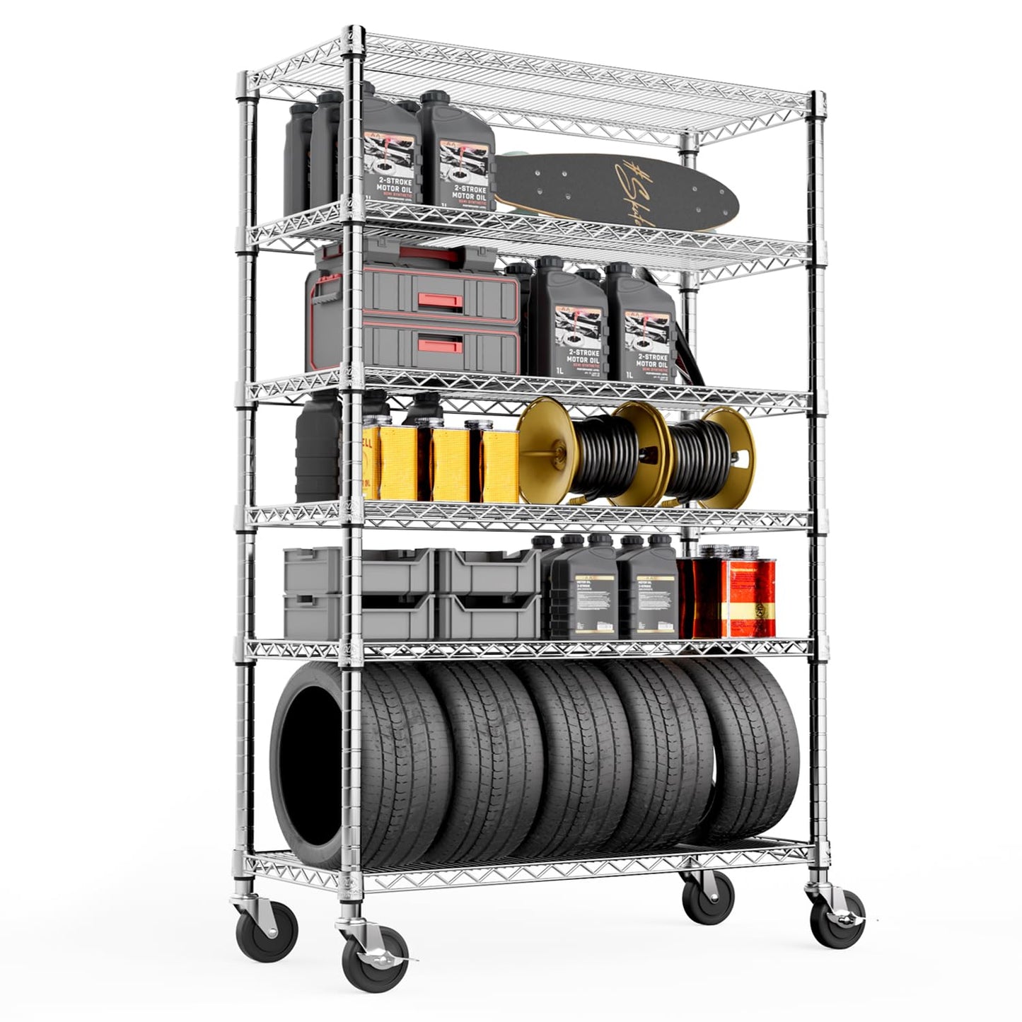MZG Steel Storage Shelving 6-Tier Utility Shelving Unit with Wheels, Steel Organizer Wire Rack for Home,Kitchen,Office,Garage,17.7" D x 47.2" W x 76.7" H