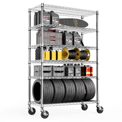 MZG Steel Storage Shelving 6-Tier Utility Shelving Unit with Wheels, Steel Organizer Wire Rack for Home,Kitchen,Office,Garage,17.7" D x 47.2" W x 76.7" H
