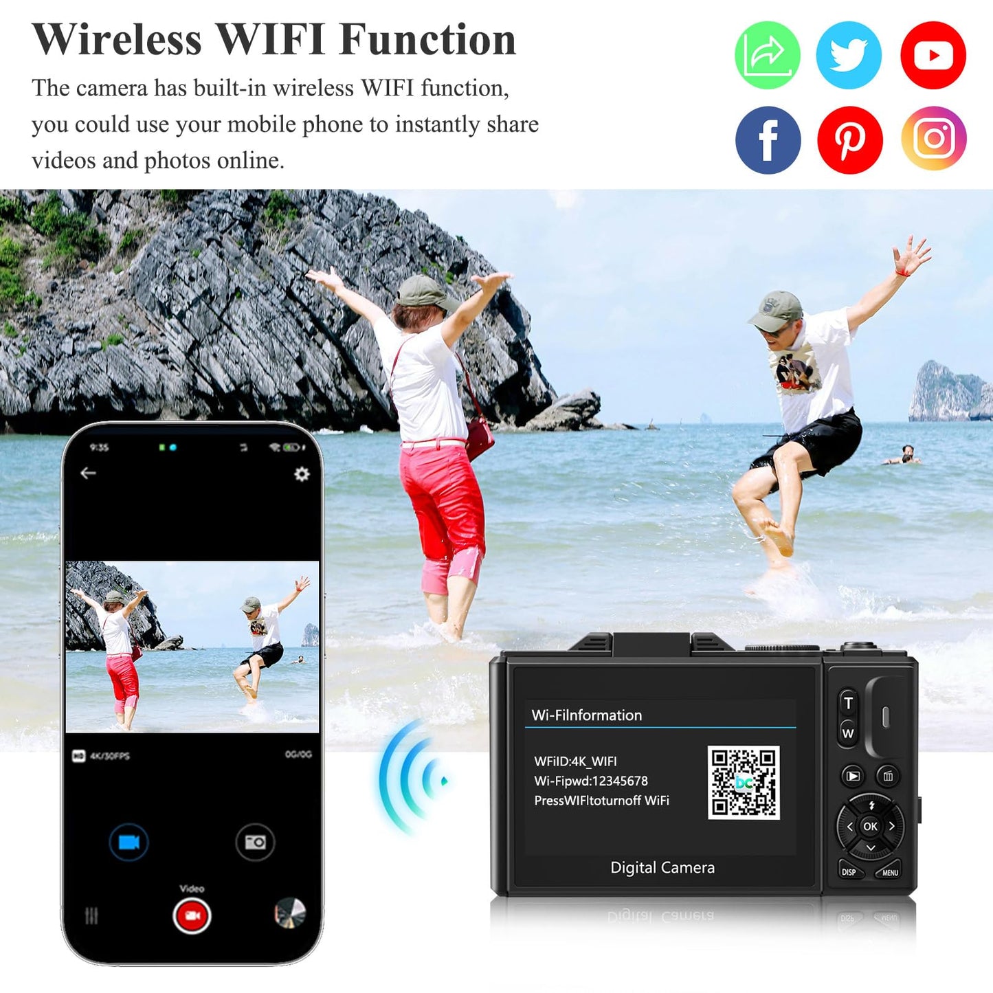 Digital Camera for Photography, WiFi 64MP 4K Vlogging Camera for YouTube, 3" 180° Flip Screen 18X Digital Zoom Compact Vlog Travel Cameras with 32GB TF Card & 2 Batteries, Black