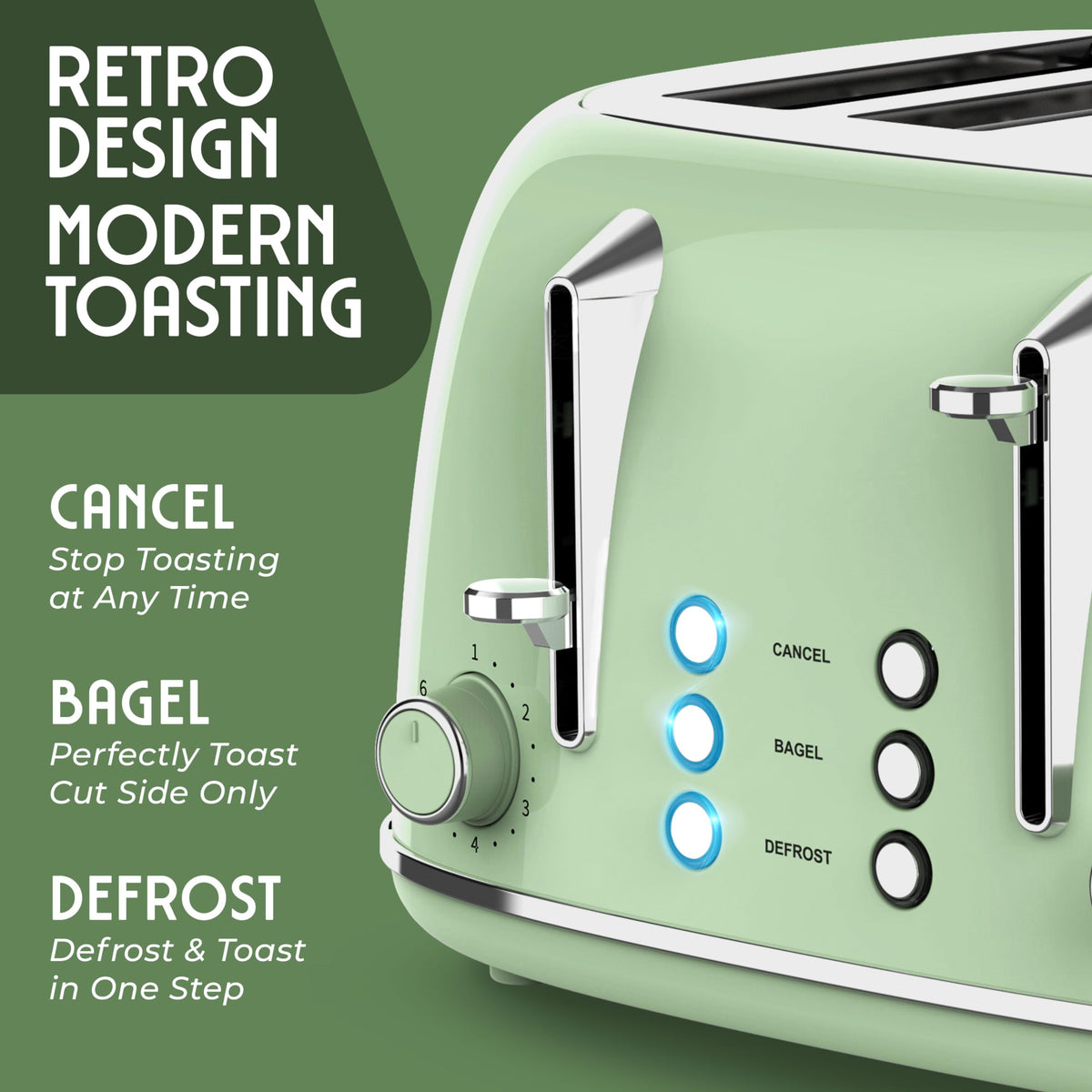 Mueller Retro Toaster 4 Slice with Extra Wide Slots Bagel, Defrost, and Cancel Function, 6 Browning Levels, Dual Independent Controls, Removable Crumb Tray and High Lift Levers, Sage Green