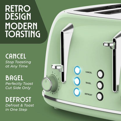 Mueller Retro Toaster 4 Slice with Extra Wide Slots Bagel, Defrost, and Cancel Function, 6 Browning Levels, Dual Independent Controls, Removable Crumb Tray and High Lift Levers, Sage Green
