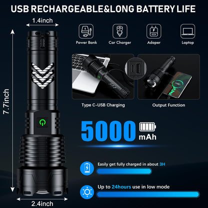 Alifa Rechargeable Led Flashlight 990000 High Lumens, Brightest Powerful Handheld Flashlight,Xhp160.9 Zoomable IPX5 Waterproof Super Bright Flashlight with 5 Modes