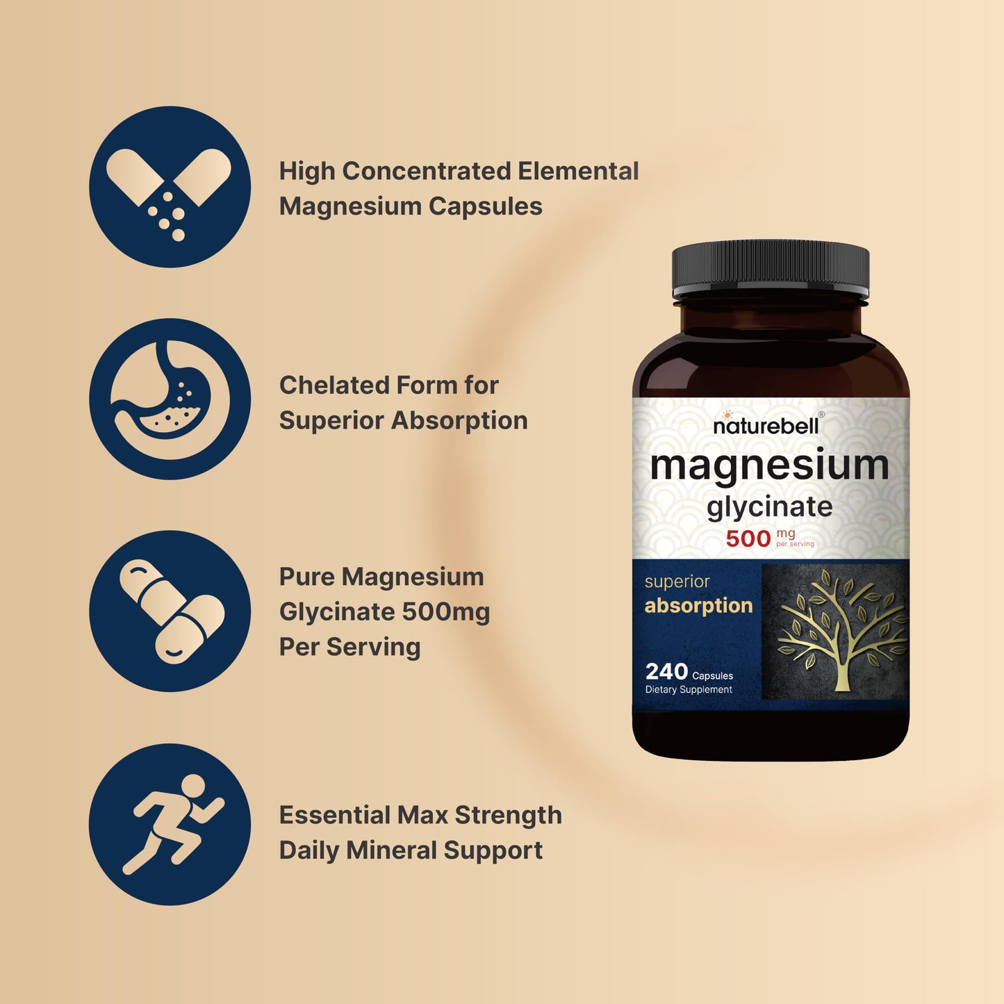 NatureBell Magnesium Glycinate 500mg, 240 Capsules | 100% Chelated & Purified | Sleep, Muscle & Heart Support | 3rd Party Tested, Non-GMO, Gluten-Free