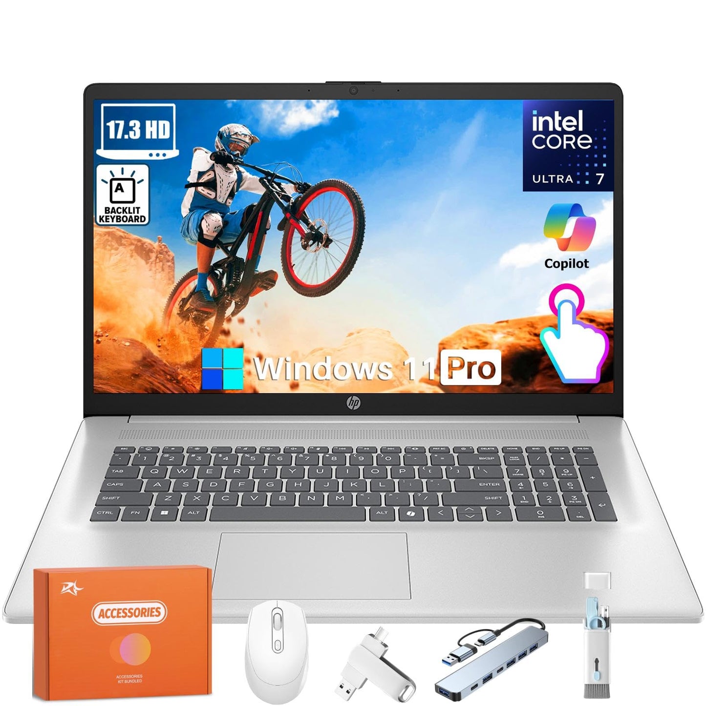 HP Business Touchscreen Laptop 17 inch, Intel Ultra 7 255U, Intel AI Boost (12 NPU TOPS), 64 GB DDR5, 2 TB SSD, 17.3" HD+ Touchscreen, Backlit Keyboard, Wi-Fi 6, Copilot, Windows 11 Pro, w/Accessories